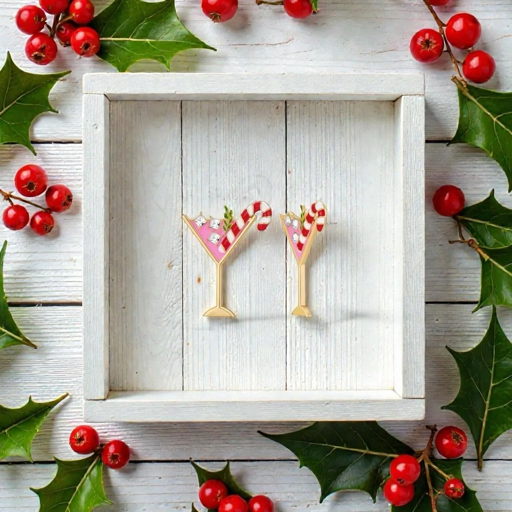 NWT Christmas Cocktail 14k gold plated enamel zircon earrings large new holiday